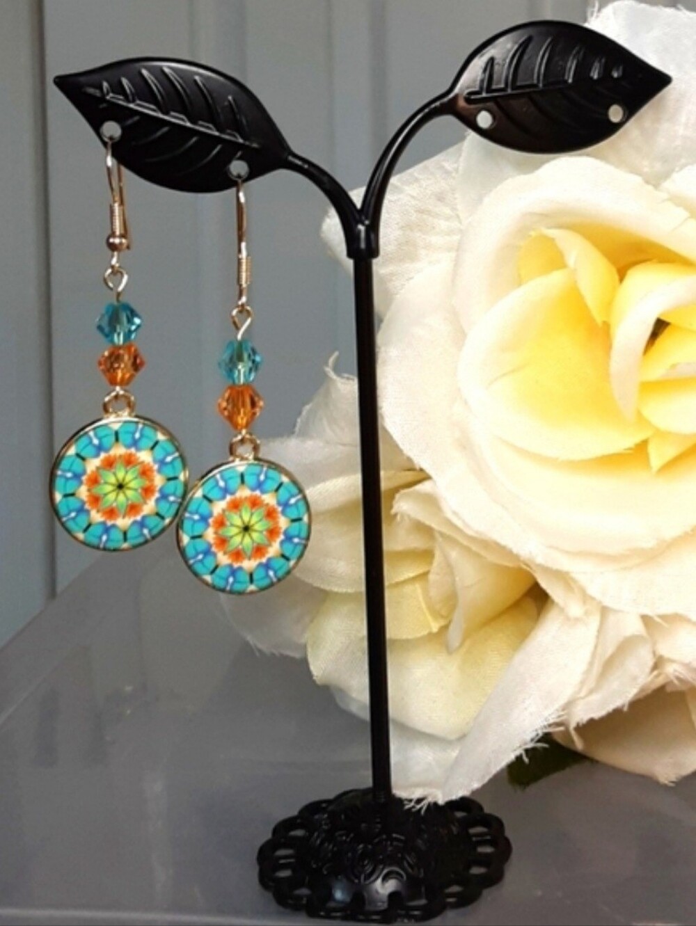 Handmade Mandala Earrings Teal Orange - Picture 2 of 3